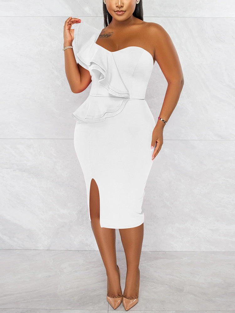 One shoulder ruffle midi dress - View 8 | Lwiis