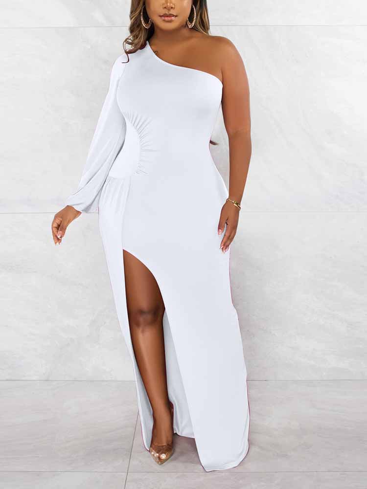 One Shoulder Ruched Split Maxi Dress - View 11 | Lwiis
