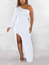 One Shoulder Ruched Split Maxi Dress - View 11 | Lwiis