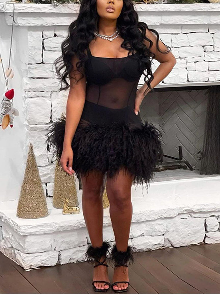 Feather trim mini dress - View 8 | Lwiis