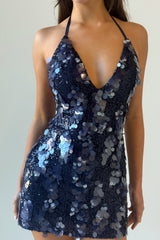 close-up of the navy blue sequined halter mini dress showing the sequin details
