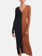 Woman wearing a black and brown color-block ribbed knit midi dress with a button-down front and v-neck