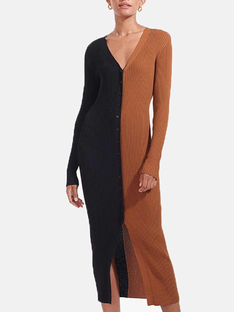 Woman wearing a black and brown color-block ribbed knit midi dress with a button-down front and v-neck