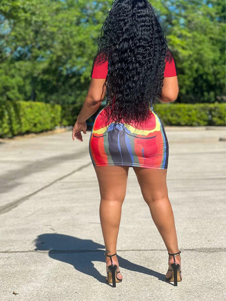 Rear view of a woman in an abstract print bodycon mini dress.