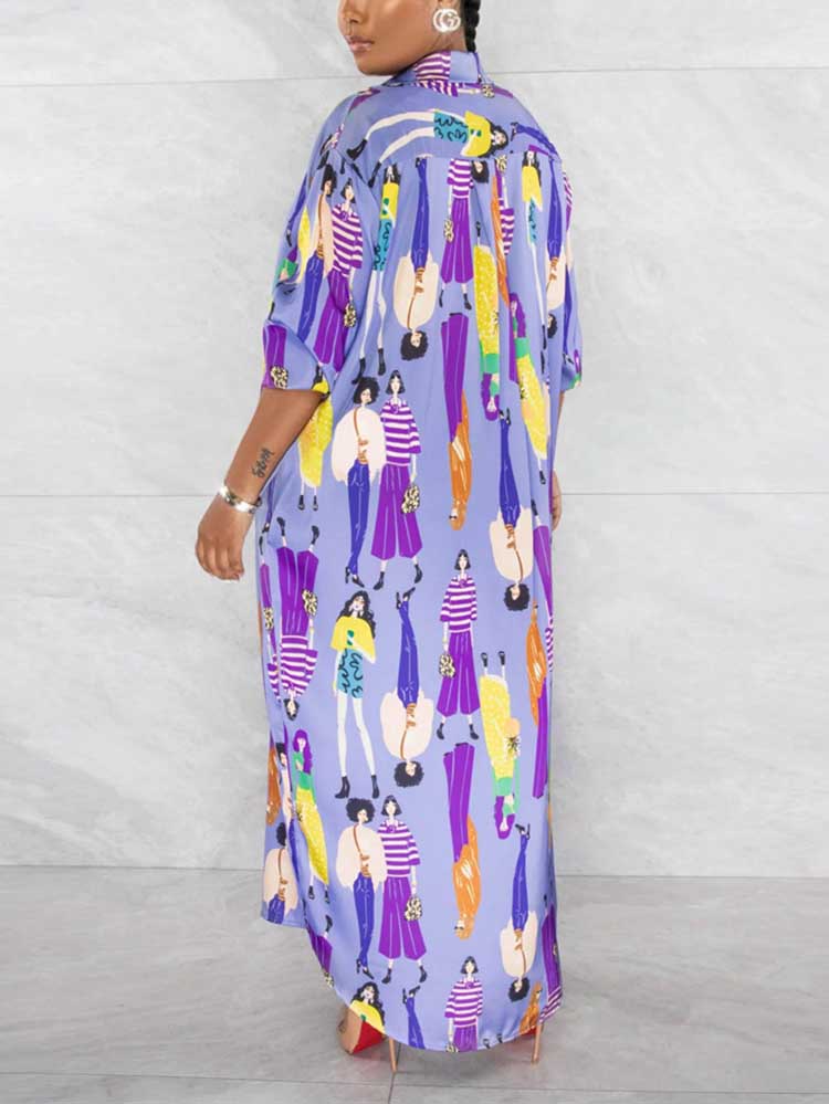 Back view of a woman wearing a long, light purple collared shirt dress with a colorful graphic print of people.
