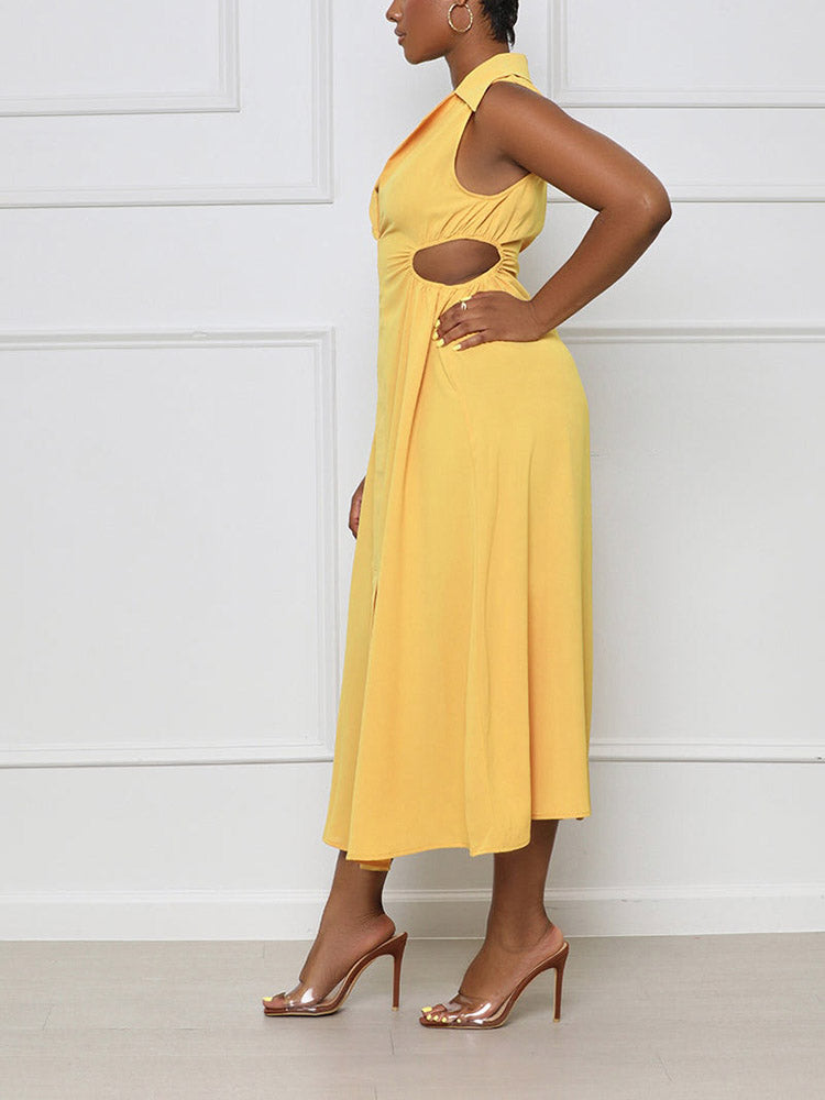 Collared Midi Dress with Side Cut-Out - View 10 | Lwiis
