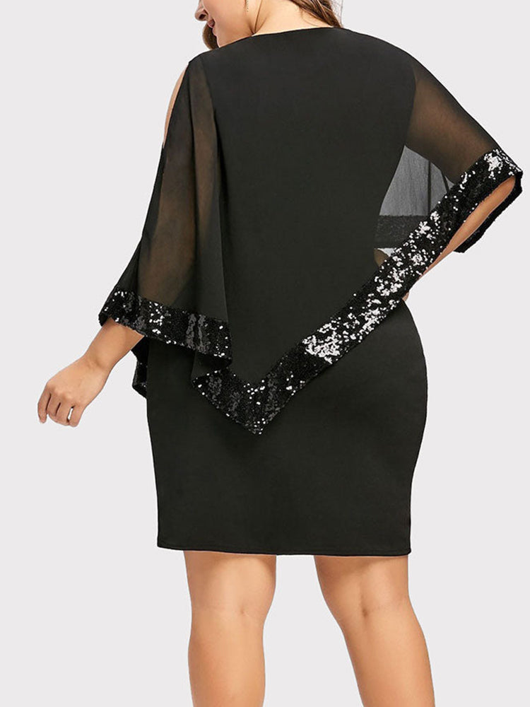 Asymmetric Sequins Dress with Cape Overlay - View 9 | Lwiis