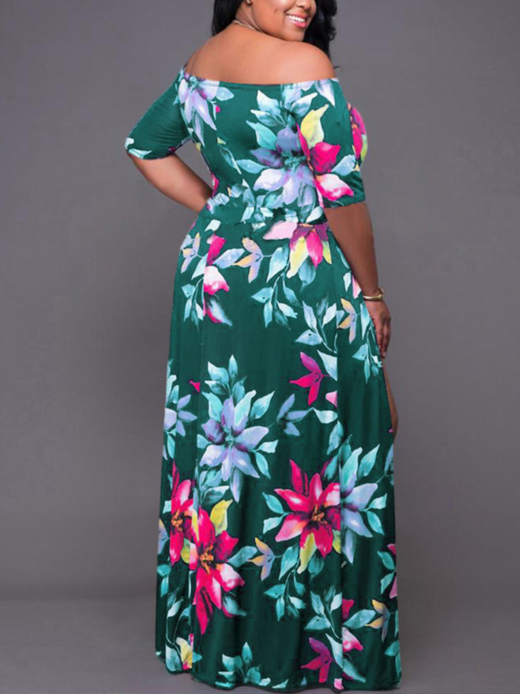 Floral print maxi dress with off-shoulder neckline and high leg slit - View 6 | Lwiis