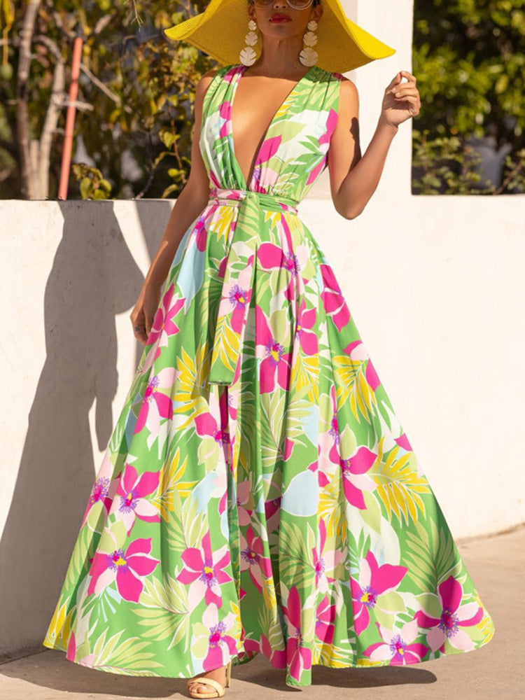close-up of the floral print on a maxi dress
