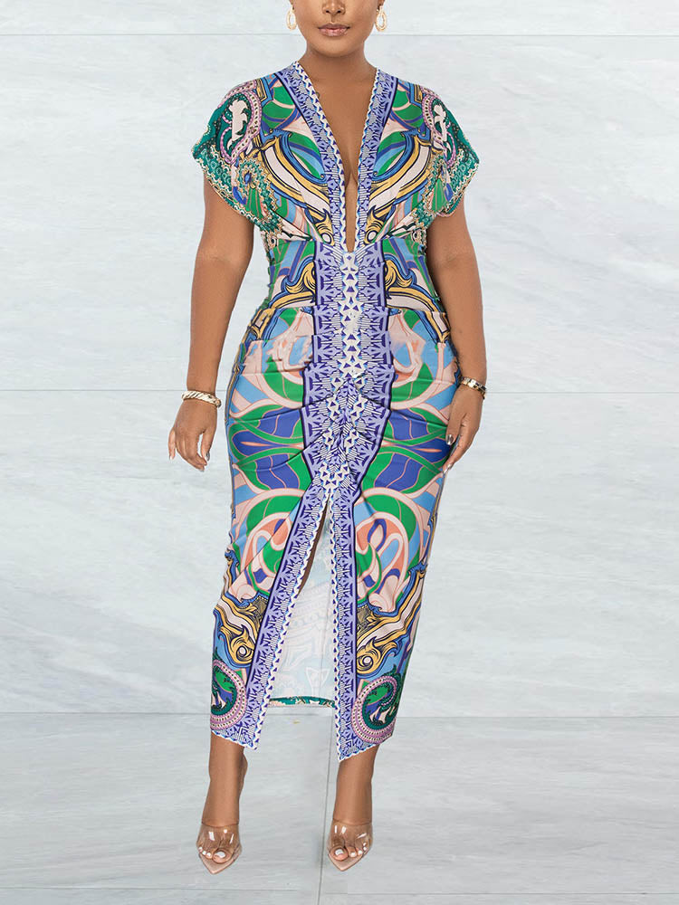 Abstract print ruched midi dress - View 6 | Lwiis