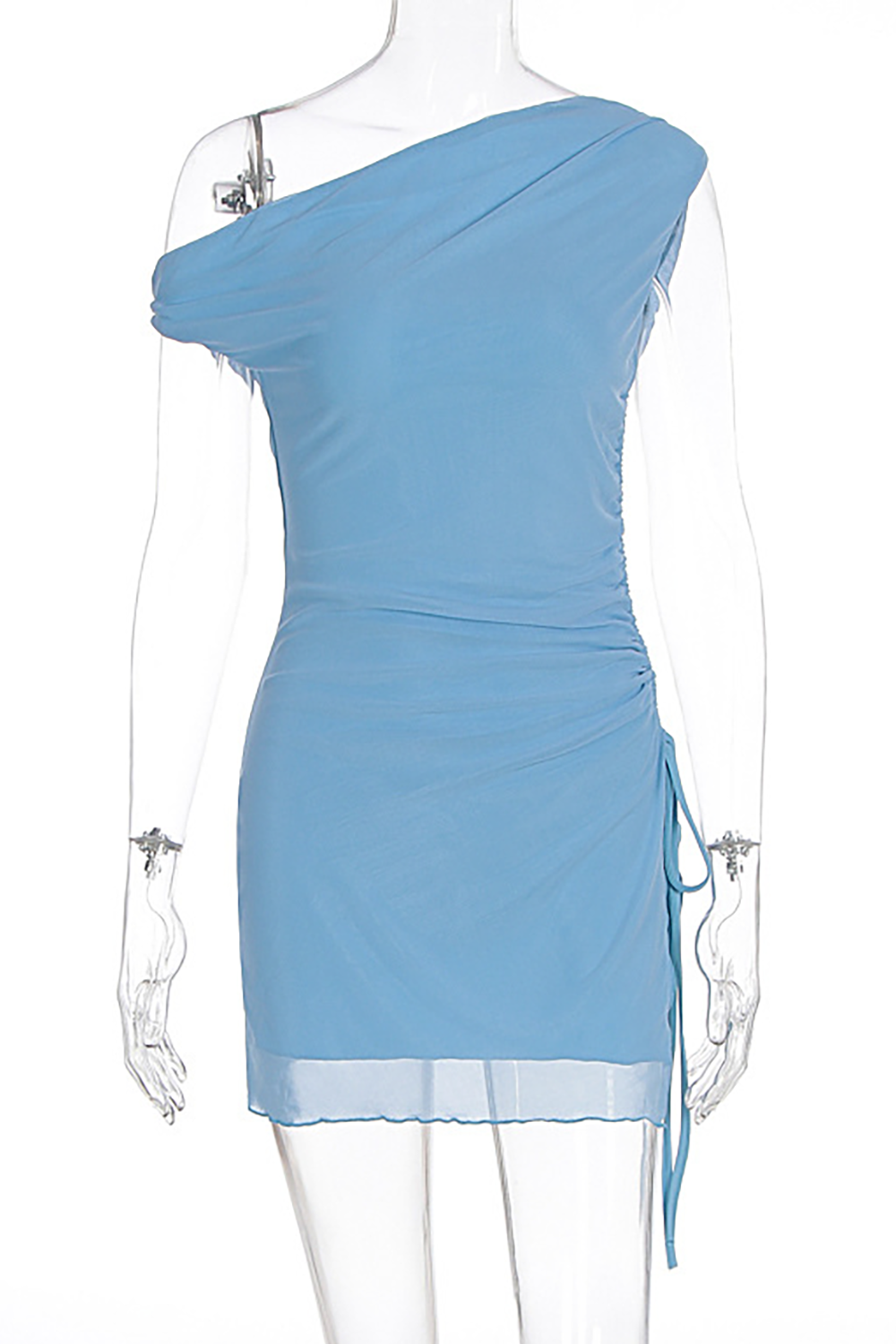 Skew Neck Ruched Mini Dress - View 6 | Lwiis
