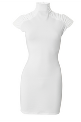 white form-fitting dress with a ruched turtleneck and cap sleeves on a mannequin