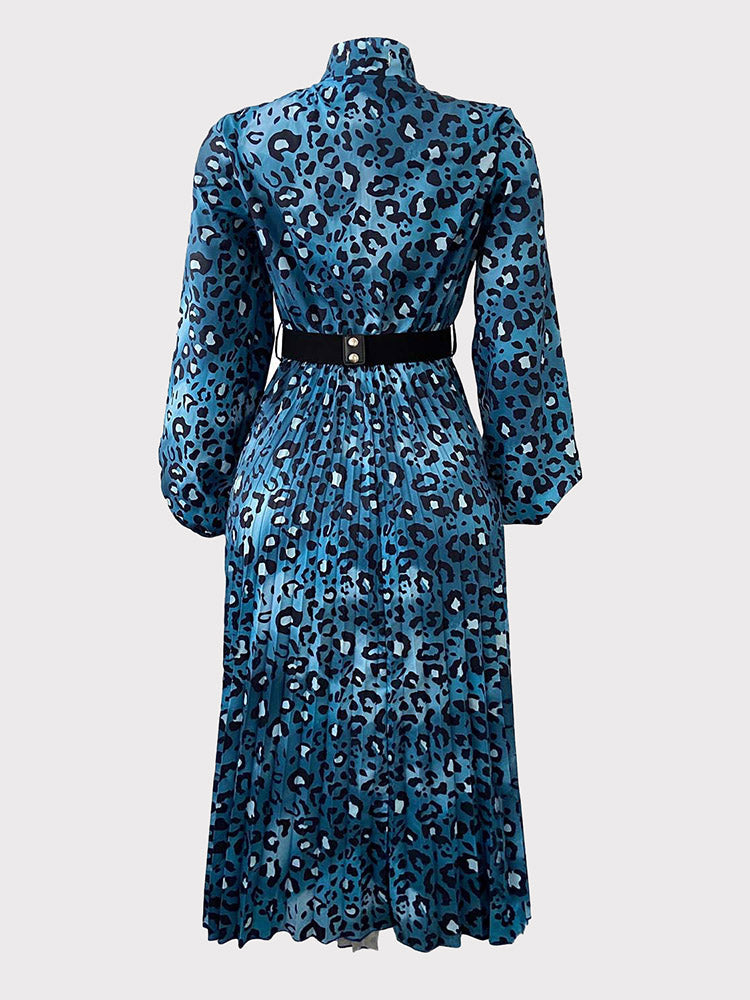 Leopard print midi dress with bow neck and long sleeves - View 7 | Lwiis