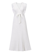 V-neck pleated maxi dress with ruffled trim and belted waist - View 29 | Lwiis