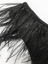 Close-up of black feather trim on a dress.