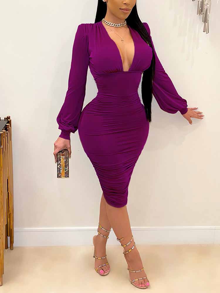 Fitted V-Neck Midi Dress with Bishop Sleeves - View 7 | Lwiis