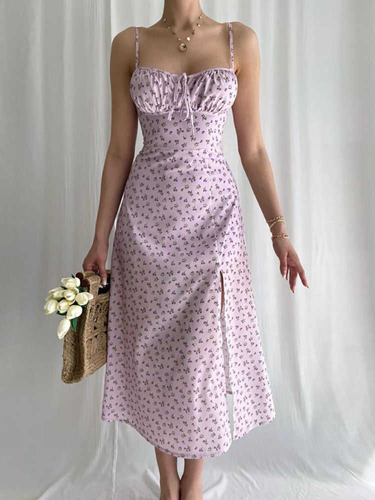 Floral printed midi dress with ruched detail - View 9 | Lwiis