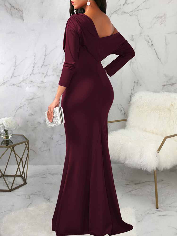 One shoulder elegant party dress with draped bodice and mermaid hem - View 9 | Lwiis