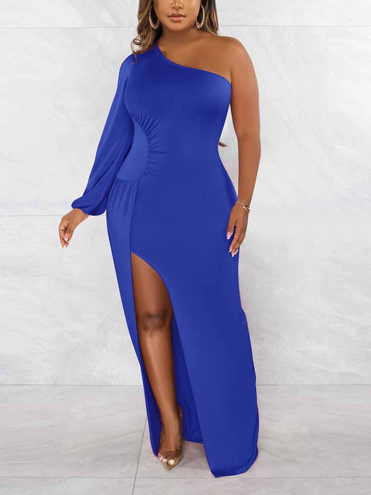 Close-up of the royal blue one-shoulder maxi dress, highlighting the ruching detail on the side.