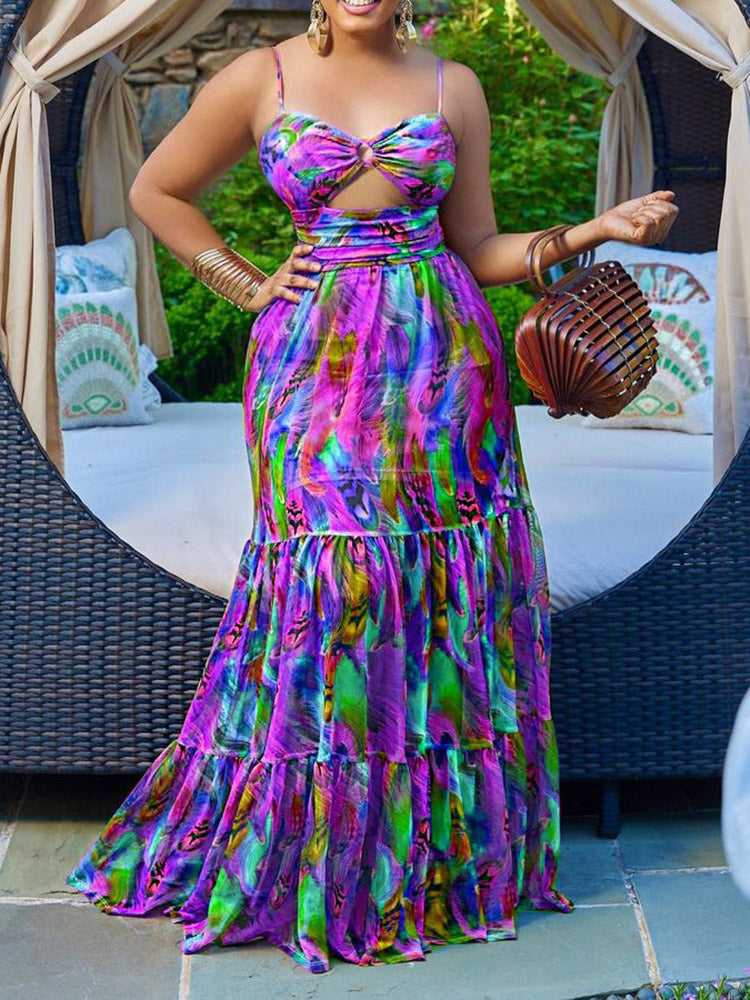 Close-up of the patterned fabric of a maxi dress