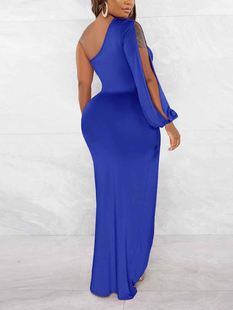 Back view of the royal blue one-shoulder maxi dress, showing the full length and long sleeve.