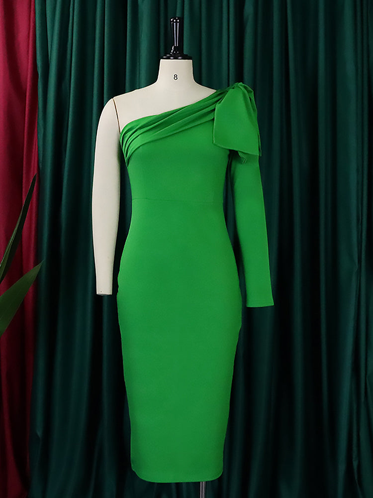 Green one-shoulder dress with a long sleeve displayed on a mannequin.