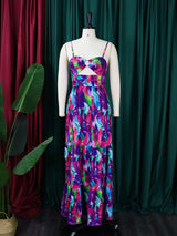 Abstract feather print maxi dress with cut-out detail and tiered ruffle skirt - View 6 | Lwiis