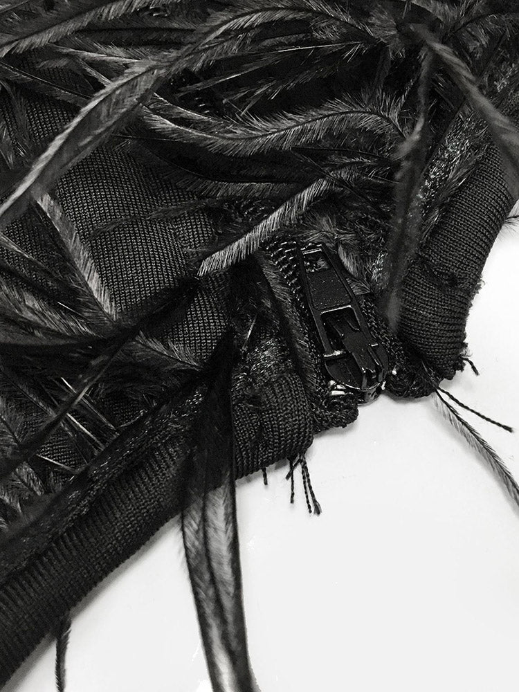 Close-up of zipper and fabric construction with feather detail on a garment.