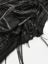 Close-up of zipper and fabric construction with feather detail on a garment.