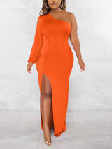 One Shoulder Maxi Dress with Slit - View 23 | Lwiis