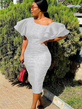 Rose Jacquard Midi Dress with Asymmetrical Neckline - View 8 | Lwiis