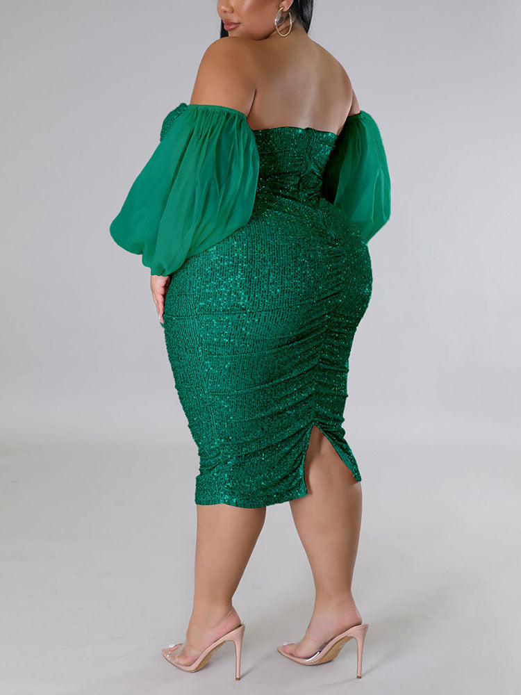 Sequin Midi Dress with Puff Sleeves - View 23 | Lwiis