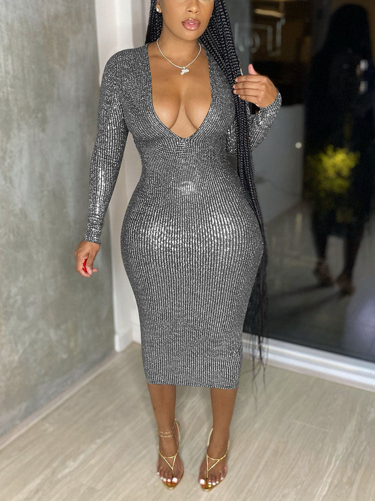 Sequin Midi Dress with Long Sleeves - View 7 | Lwiis