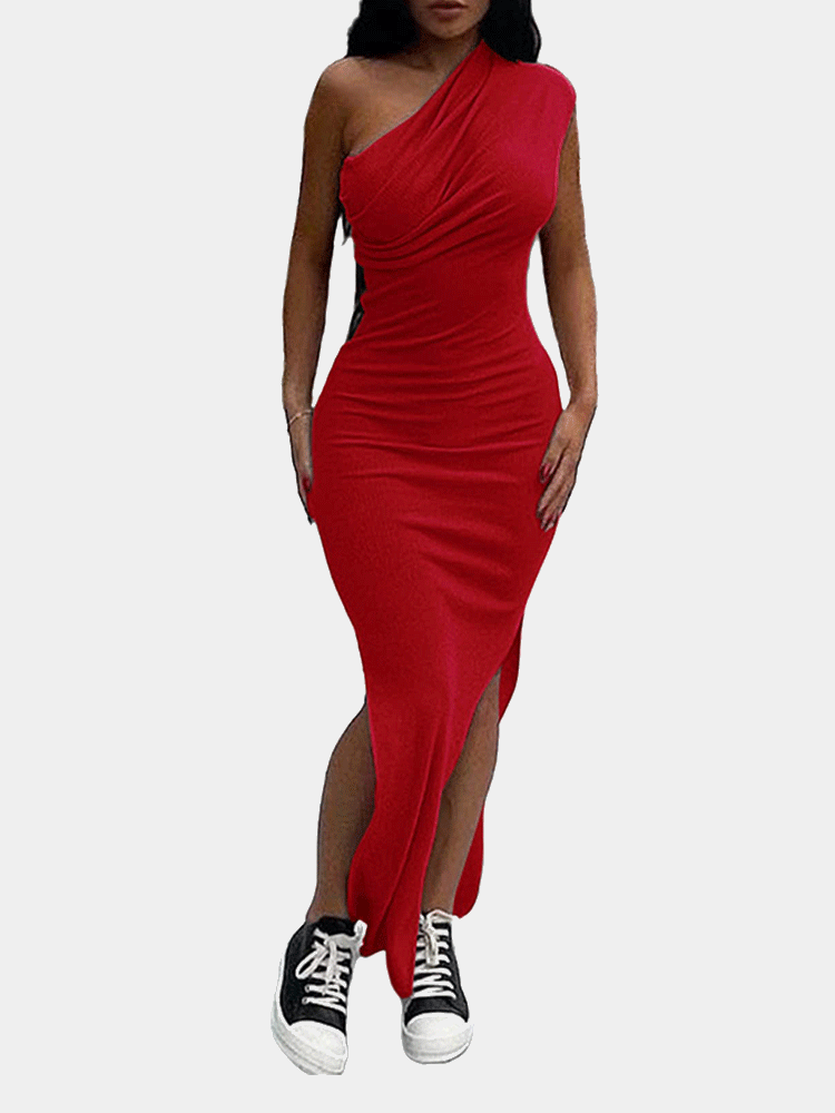 One shoulder maxi dress with high slit - View 9 | Lwiis
