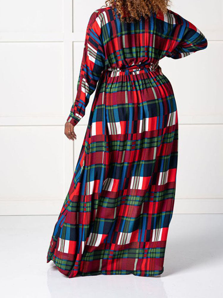 Plaid print long sleeve maxi dress with belted waist - View 7 | Lwiis