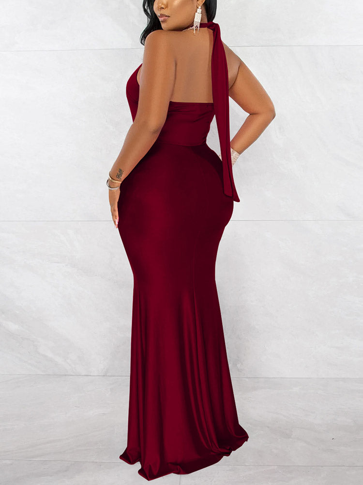 Elegant halter neck ruched maxi dress - View 6 | Lwiis
