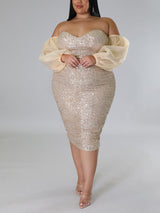 Sequin Midi Dress with Puff Sleeves - View 14 | Lwiis