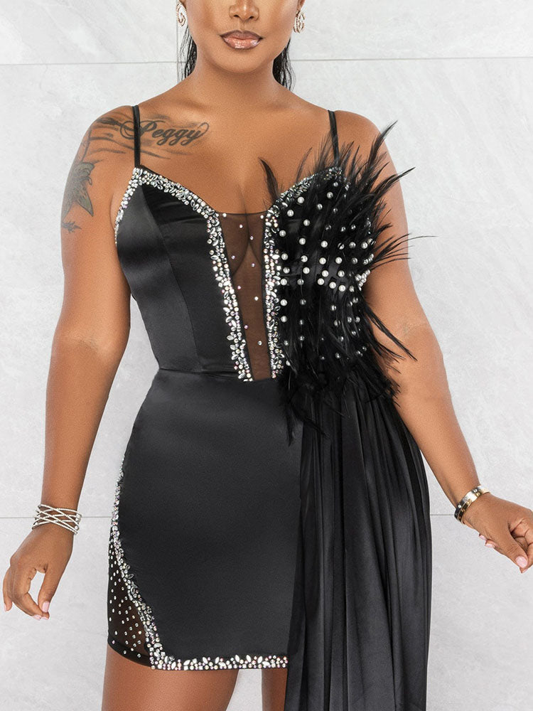 Feather Embellished Satin Party Dress - View 6 | Lwiis