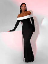 Off-shoulder knit maxi dress with contrast trim - View 7 | Lwiis