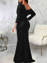 One shoulder elegant party dress with draped bodice and mermaid hem - View 12 | Lwiis