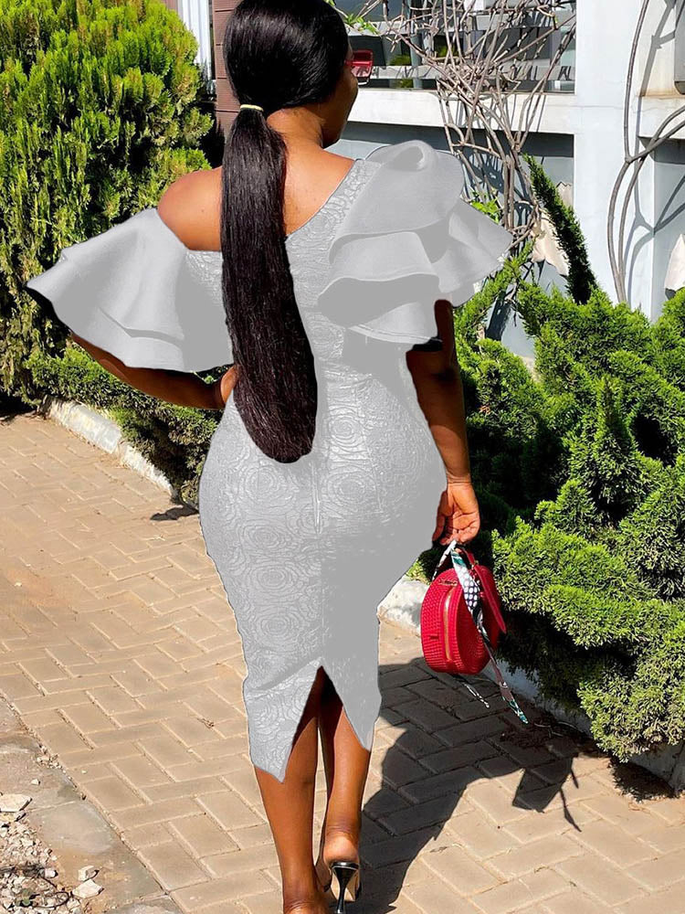 Rose Jacquard Midi Dress with Asymmetrical Neckline - View 9 | Lwiis