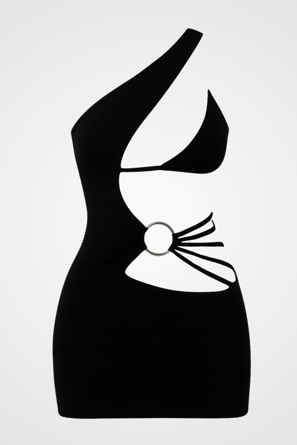Black one-shoulder knit dress with cut-out details and ring embellishment