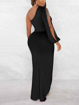 One Shoulder Maxi Dress with Slit - View 6 | Lwiis