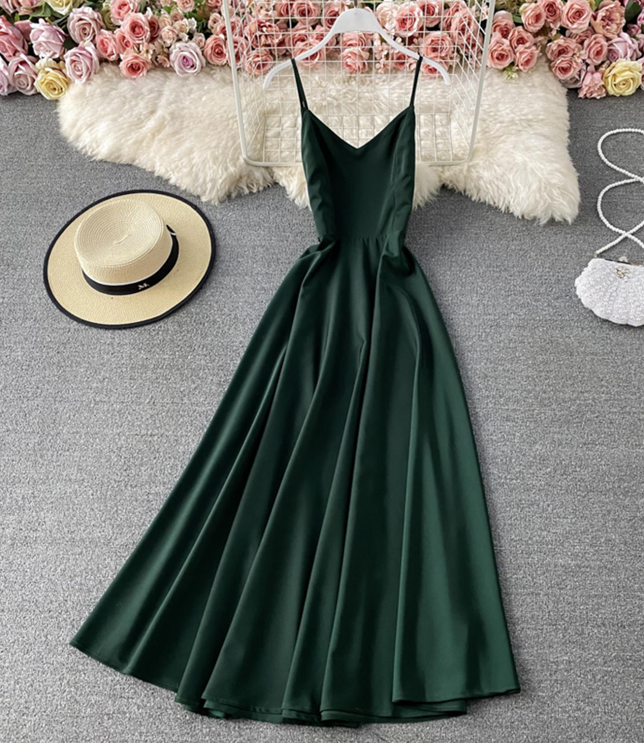 green satin spaghetti strap v-neck a-line maxi dress