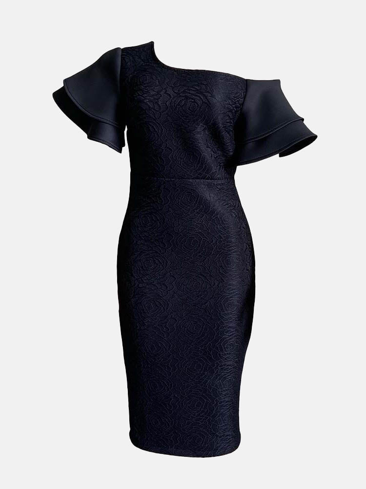 A black one-shoulder midi dress with ruffle sleeves and a rose jacquard pattern, displayed against a white background.