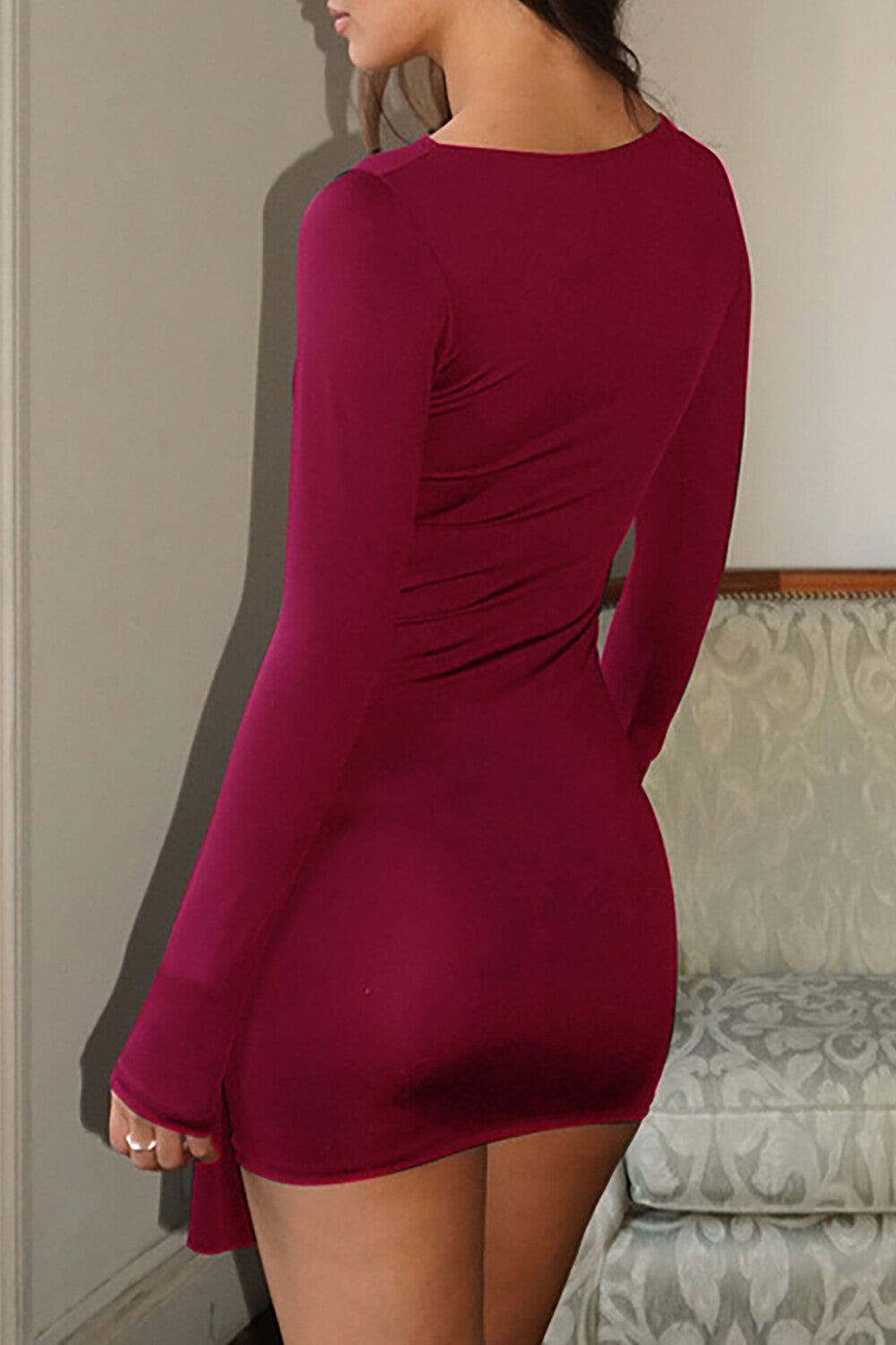 Ruched O-Ring Long Sleeve Mini Dress - View 6 | Lwiis