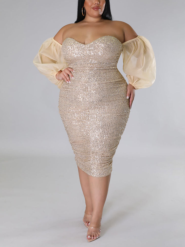 Sequin Midi Dress with Puff Sleeves - View 15 | Lwiis