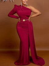 One shoulder maxi dress with decorative belt - View 9 | Lwiis