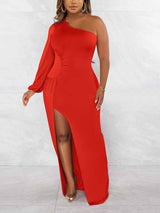 One Shoulder Maxi Dress with Slit - View 7 | Lwiis