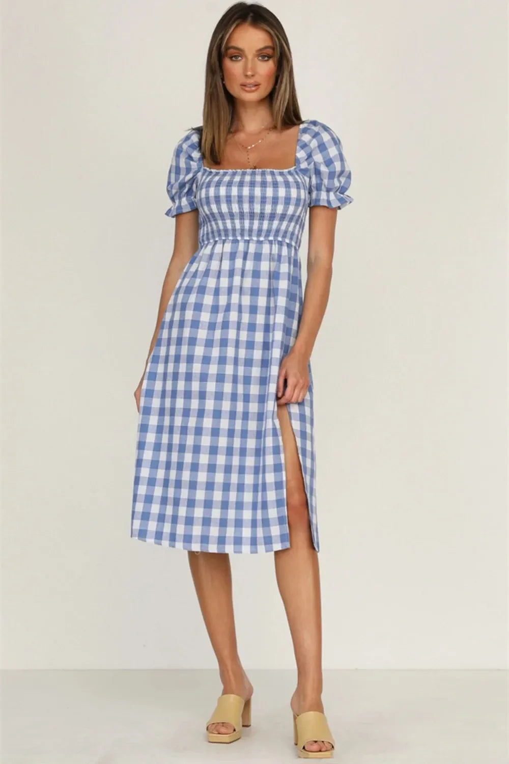 Plaid Midi Dress with Puff Sleeves - View 13 | Lwiis
